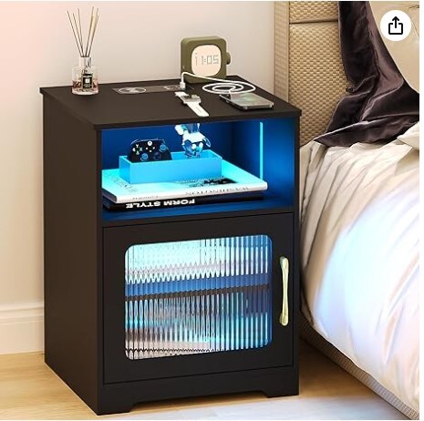 Smart Bedside Tables with Auto Sensor Light, White Night Stand with Open Compartment & Cabinet, Modern LED Nightstand with Wireless/USB/Type-C Charging Station
