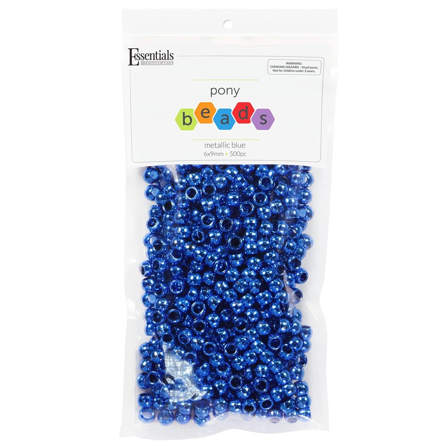 Essentials by Leisure Arts Pony Bead 6mm x 9mm Metallic Blue Opaque Plastic Pony Beads Bulk 500 pieces for Arts, Crafts, Bracelet, Necklace, Jewelry Making, Earring, Hair Braiding