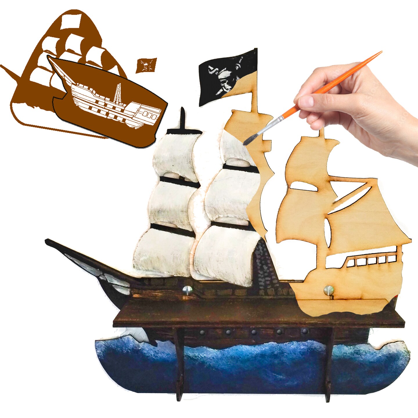Pirate Ship STENCILS INCLUDED Paint-It-Yourself Hanging Shelf Arts and  Crafts Kit for Adults or Kids with Hook Hangers Unfinished Wood |  MakerPlace by