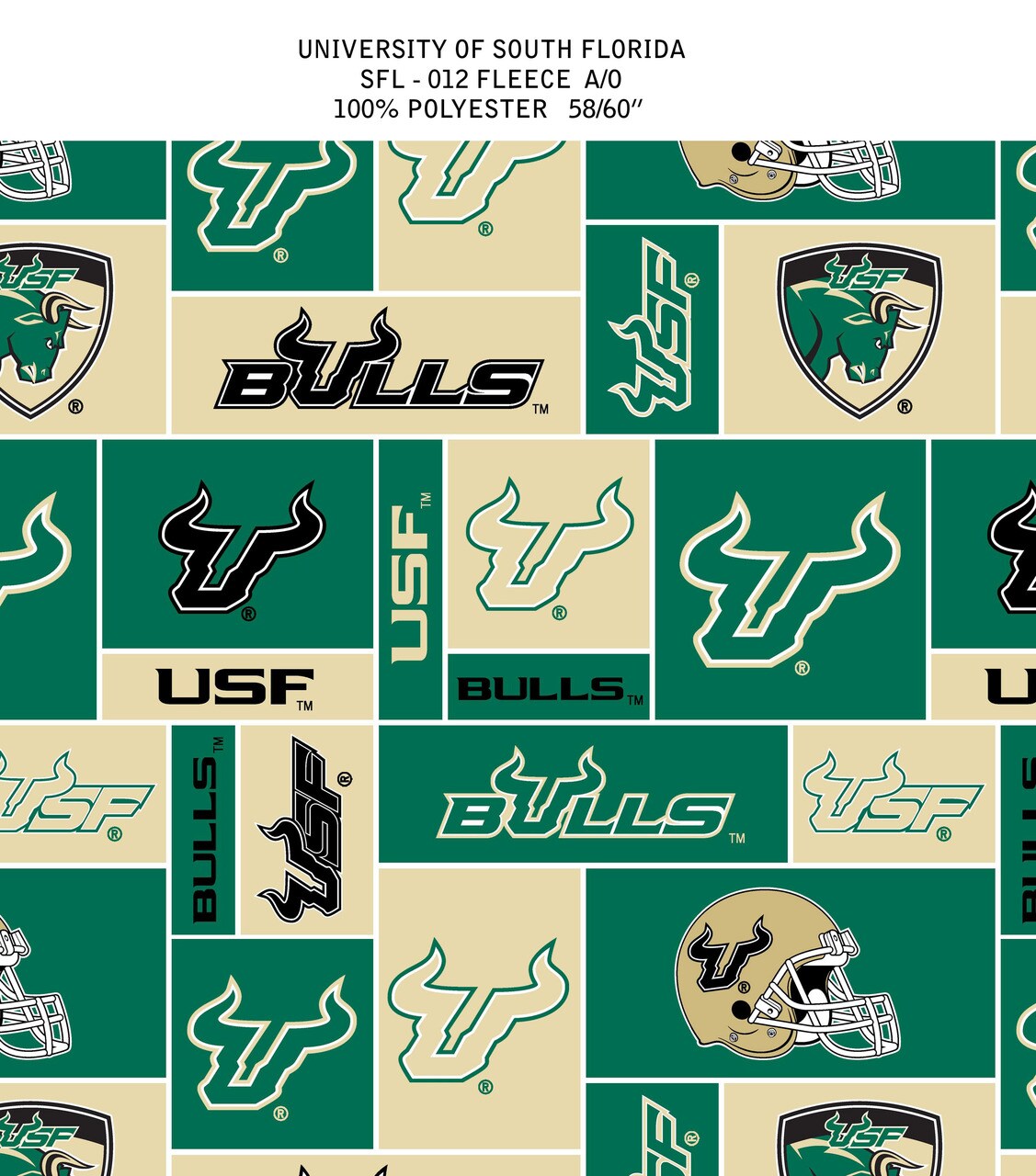 Sykel Enterprises-University of South Florida Fleece Fabric-USF Bulls Geometric Fleece Blanket Fabric-Sold by the yard