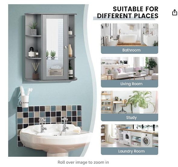 Storage Organizer with Mirror Door, Adjustable Shelves &#x26; 6 Open Racks, Space-Saving Hanging Medicine Cabinet for Living Room Kitchen Entryway (Gray)