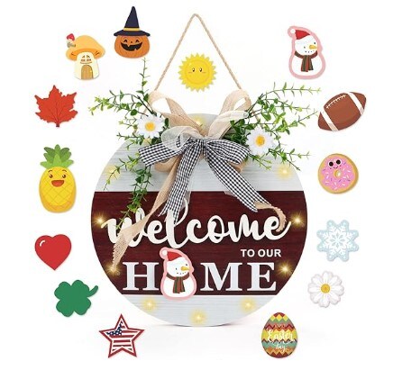 Interchangeable Seasonal Christmas Welcome Sign Front Door Decor, Christmas Decor Housewarming Gifts, Welcome to Our Home Sign Christmas Wreath with Lights