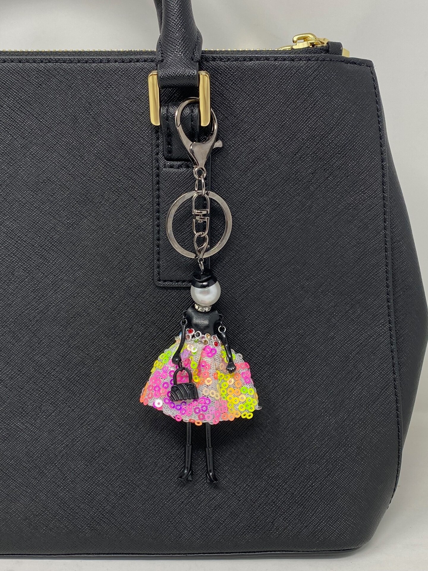 Wrapables Hanging Fashionista Doll Keychain, Crystal Rhinestone Keyring Bag Charm, Pink & Yellow Sequins