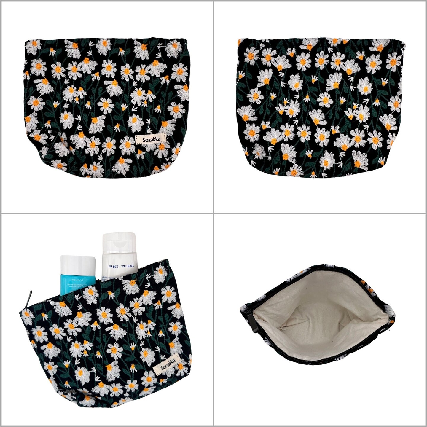 Wrapables Cosmetic Pouch, Makeup and Toiletry Travel Bag, Embroidered Daisy