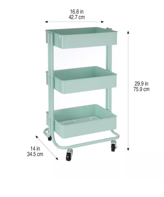 Lexington 3-Tier Rolling Cart, Removable, Convenient Storage For Dorm Rooms, Bathrooms - Mint
