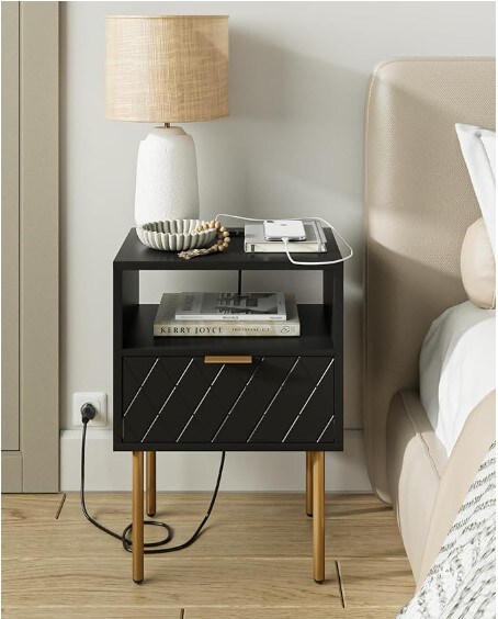 Small Bedside Table with Drawer,Black Night Stand, Bedside Furniture, End Table with Gold Frame,Drawer Dresser for Bedroom,Living Room,Diamond
