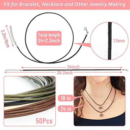 50 Pieces Necklace String Rope with Clasp, 24 Inch Waxed Cotton Cord Necklace Bulk for Charms Pendants, Bracelets, Necklaces, Jewelry Making Supplies and Beading Supplies