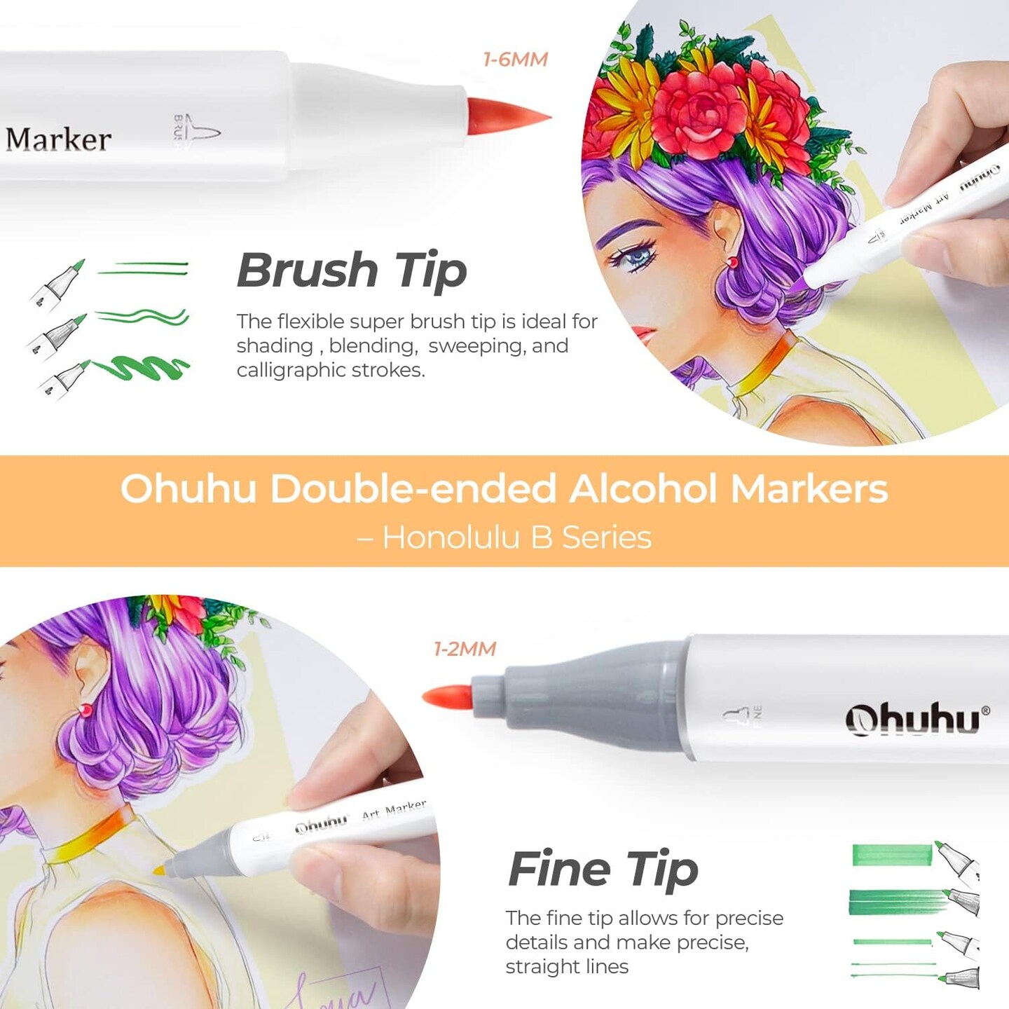 Ohuhu Alcohol Markers Brush Tip - Double Tipped Art Marker Set for Artist Adults Coloring Illustration- 72 Colors- Alcohol-based Refillable Ink - Fine &#x26; Brush Dual Tips - Honolulu B of Ohuhu Markers