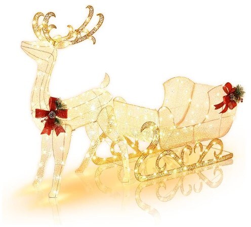 Christmas Lighted Reindeer and Santa&#x27;s Sleigh, Artificial Christmas D&#xE9;cor for Indoor and Outdoor, Christmas Lighted Outdoor Yard Decoration with 215 LED Lights and 4 Ground Stakes