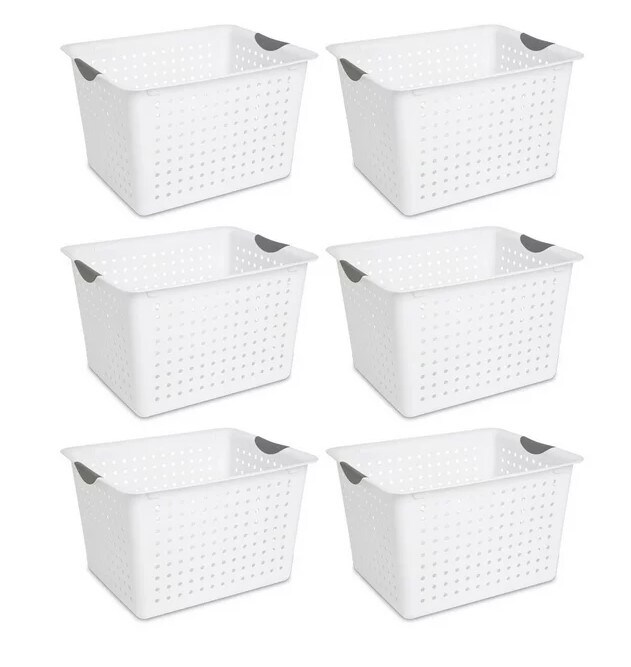 White Large Plastic Deep Ultra Storage Basket Tote (6 Pack)