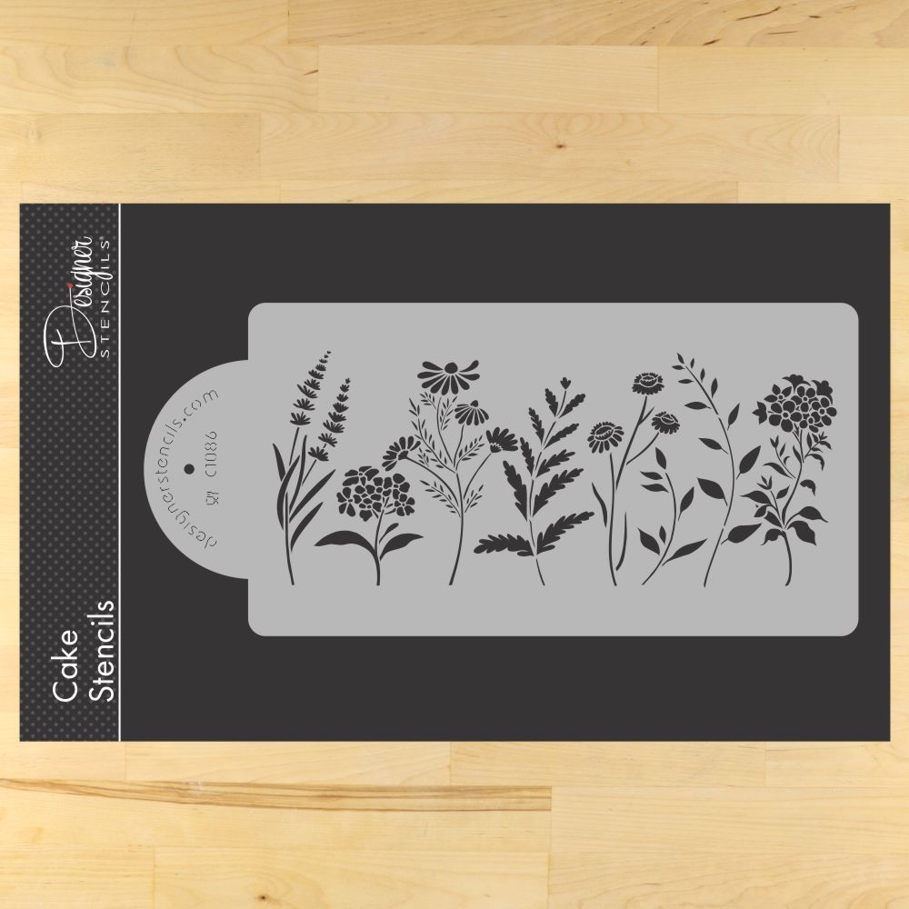 Wildflowers Cake Stencil Side | C1086 by Designer Stencils | Cake Decorating Tools | Baking Stencils for Royal Icing, Airbrush, Dusting Powder | Reusable Plastic Food Grade Stencil | Easy to Use