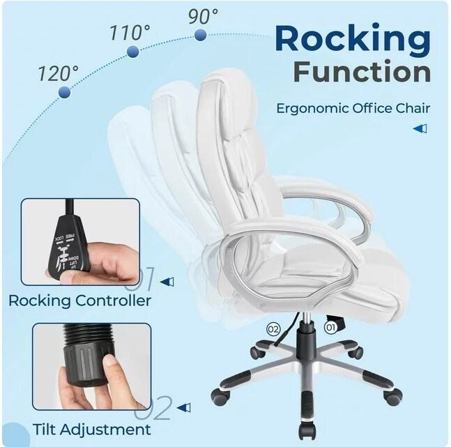 Adjustable Ergonomic Swivel Desk Chair with Lumbar Support and Armrest, White High Back Executive Chair PU Leather Business Manager&#x27;s Office Chair