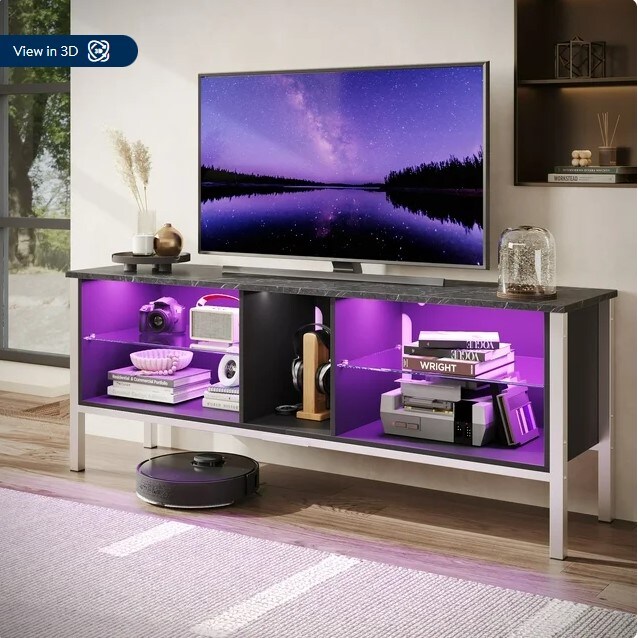 LED Entertainment Center for PS4 with Storage Cabinet, Black Marble, Modern TV Stand for TVs up to 75&#x22;