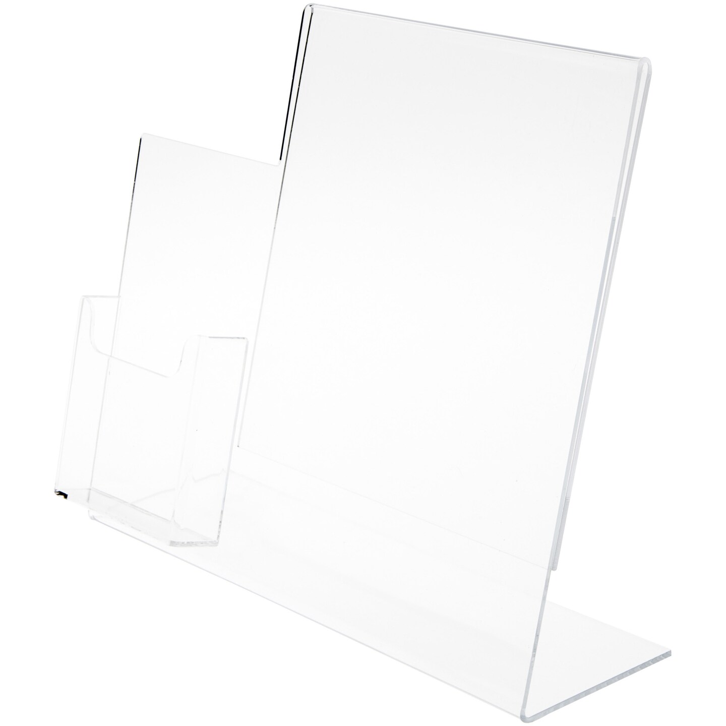 Plymor Clear Acrylic Slanted-Back Countertop Sign Holder with Tri-Fold Brochure Pocket on Left, 10.625&#x22; H x 17.5&#x22; W x 5&#x22; D