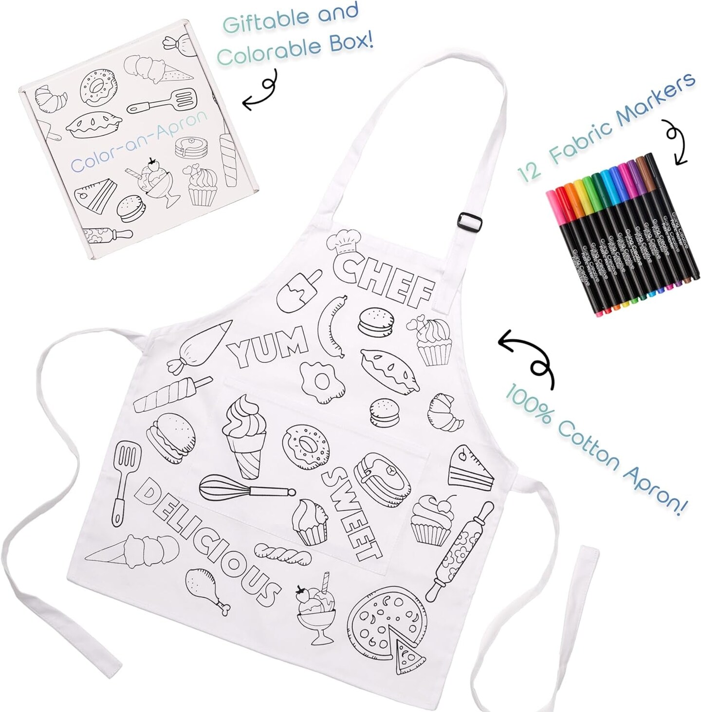 Color-An-Apron Kit - Interactive Coloring Kit with Favorite Foods &#x26; Words plus 12 Fabric Markers for Kids - Fun &#x26; Educational Craft for Young Chefs 4-10 Years Old
