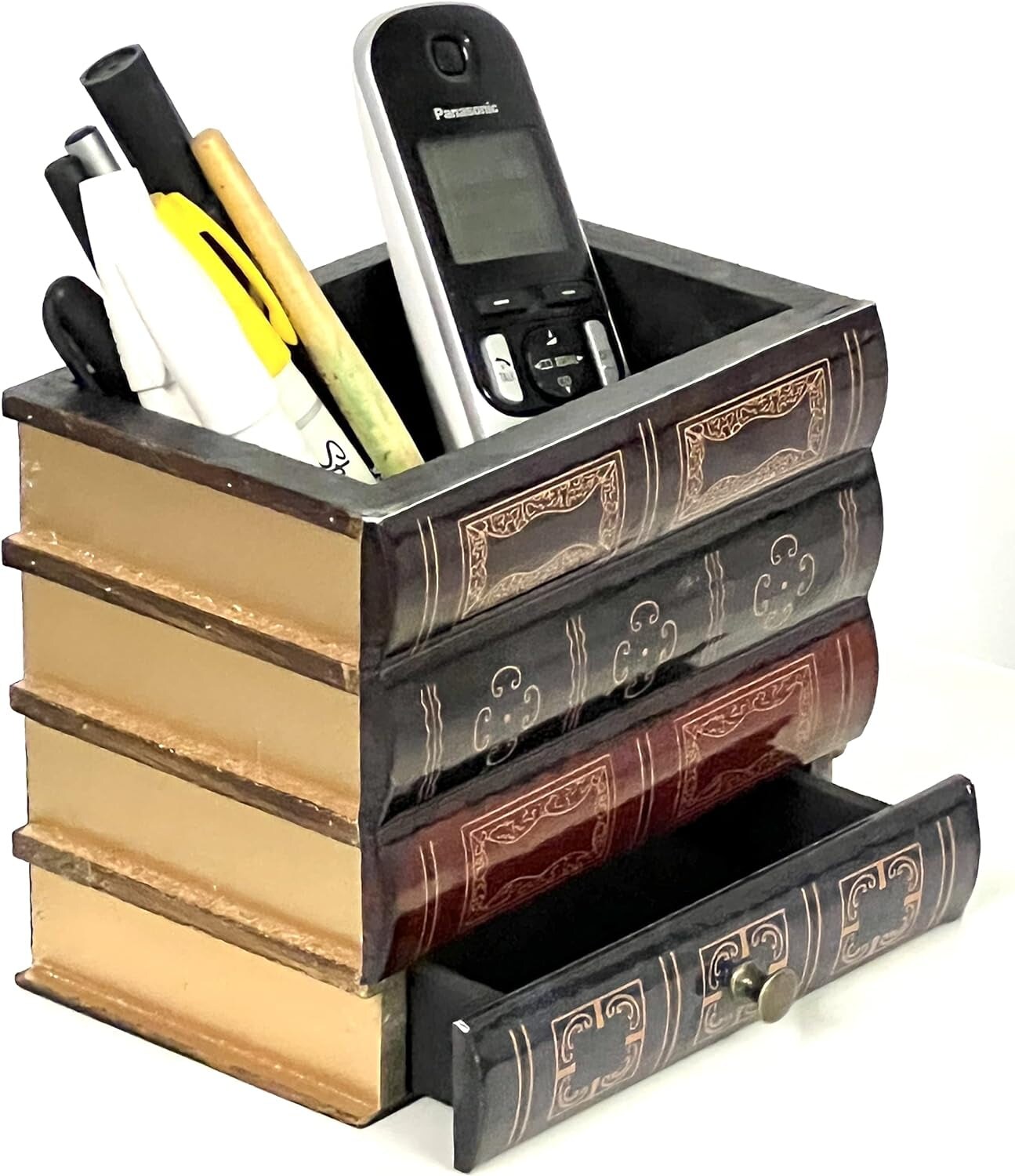 Pencil Pen Holder Desk Organizer Caddy Bottom Storage Drawer Antique Vintage Books Decorative Design Home Office Library