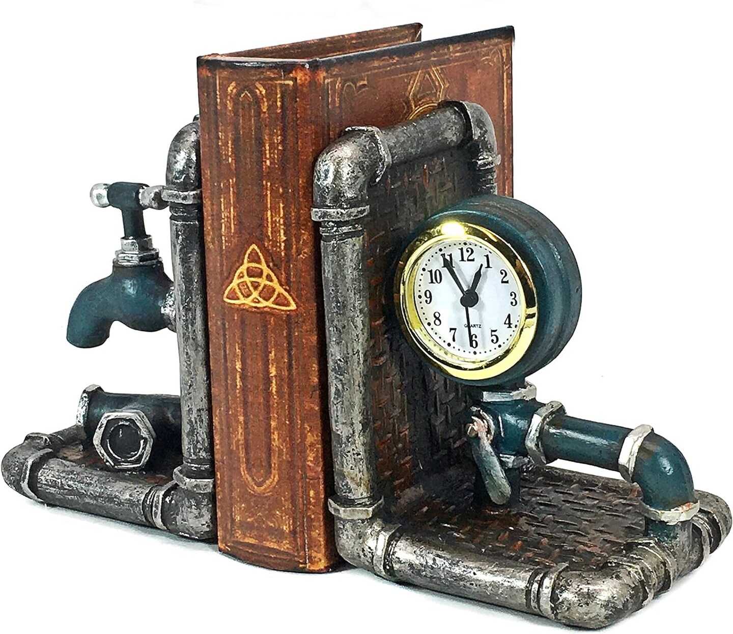 Industrial Tap Pipe Bookends, Decorative Book Ends for Bookshelves, Rustic and Vintage Decor for Home, Office Desk, and Bookcases Decoration, Handmade 8 Inch Polyresin, 2 Pcs