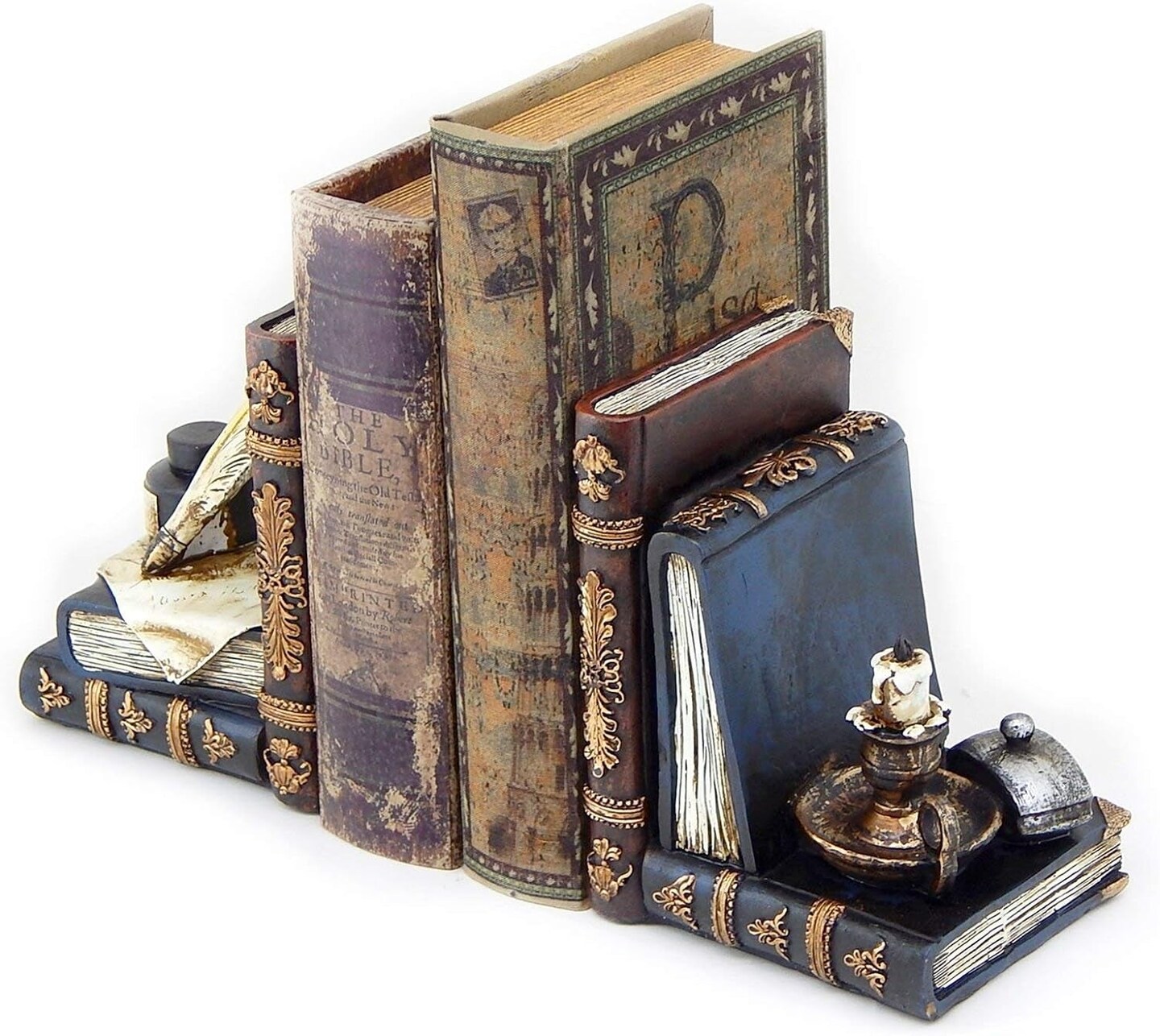 Vintage Bookends Wizard Feather Quill Pen and Ink Bottle with Oil Lamp Antique Style Farmhouse Cottage Lodge Magic Home Decor