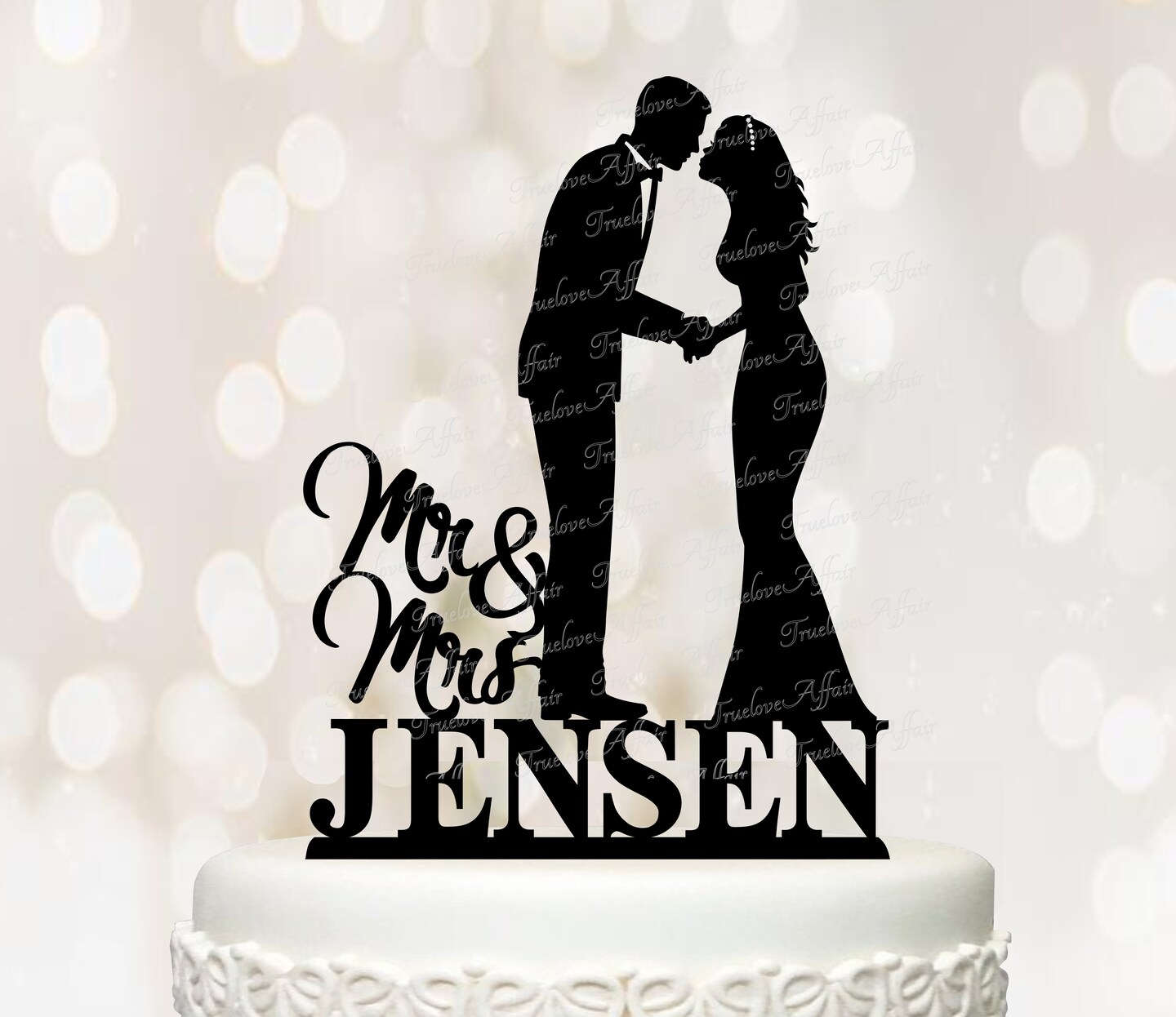 Silhouette Wedding Cake Topper of Bride and Groom with Name Detailed
