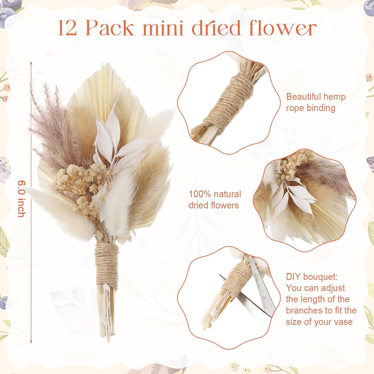 12 Mini Boho Dried Flower Bouquets for Wedding Decor and Crafts