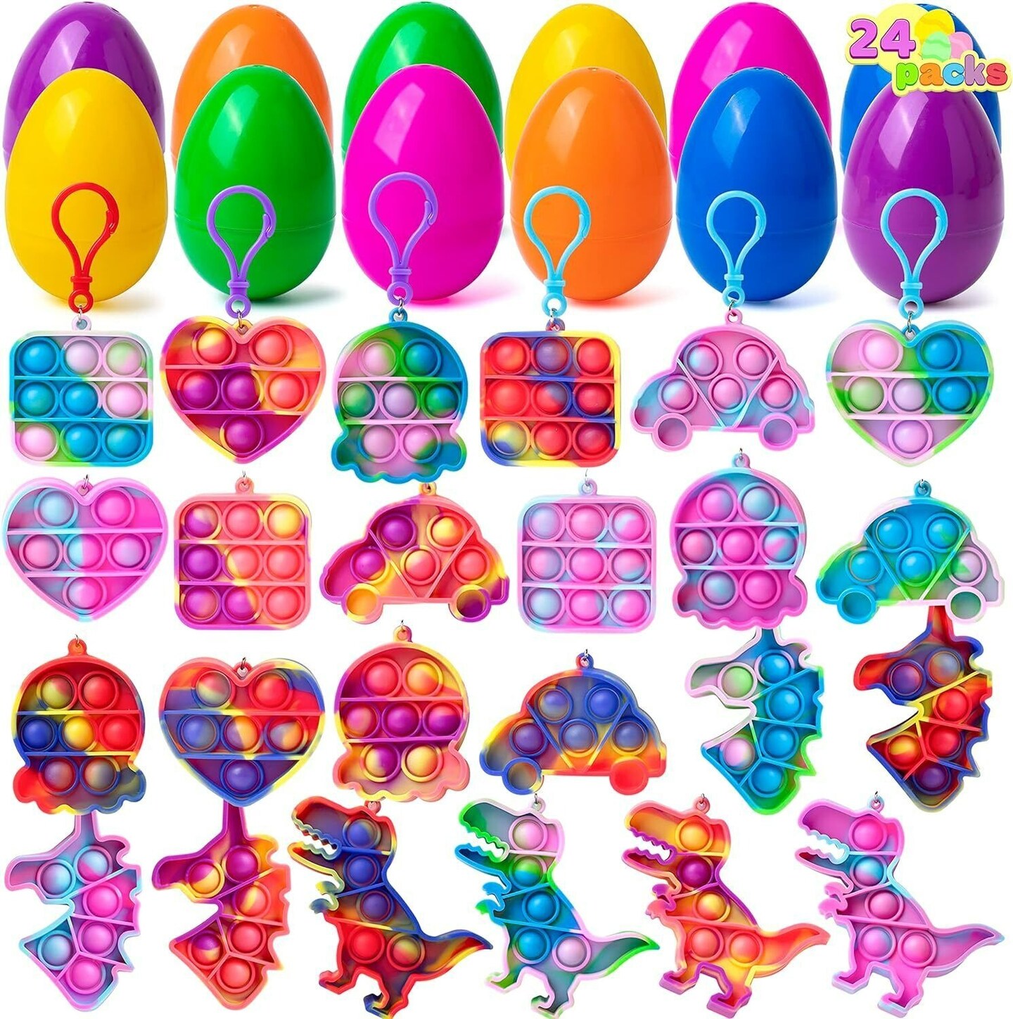 24Pcs Pre Filled Easter Eggs with pop Keychain Toys for Easter Theme Party Favor