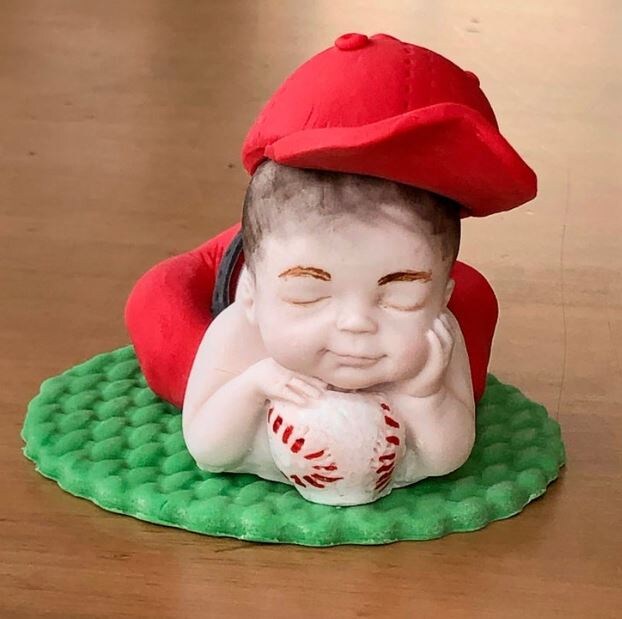 Napping Baseball baby boy cake topper. Fondant cake topper. Baby shower