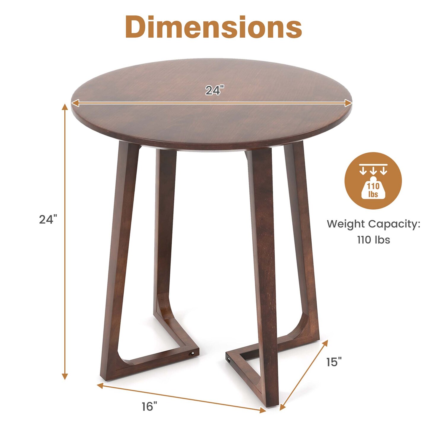Costway 24&#x22; Round Side Table Solid Rubber Wood End Table Beside Sofa&#x26;Bed for Small Space Brown/Natural