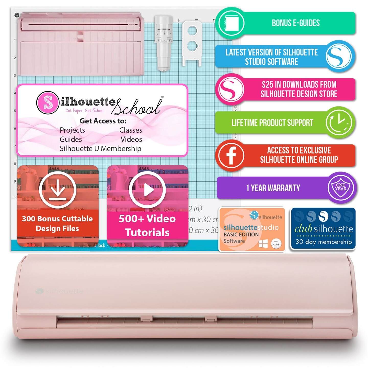 Silhouette Pink Cameo 5 w/ 38 Oracal Sheets, Siser HTV, Guides, 24 Pens