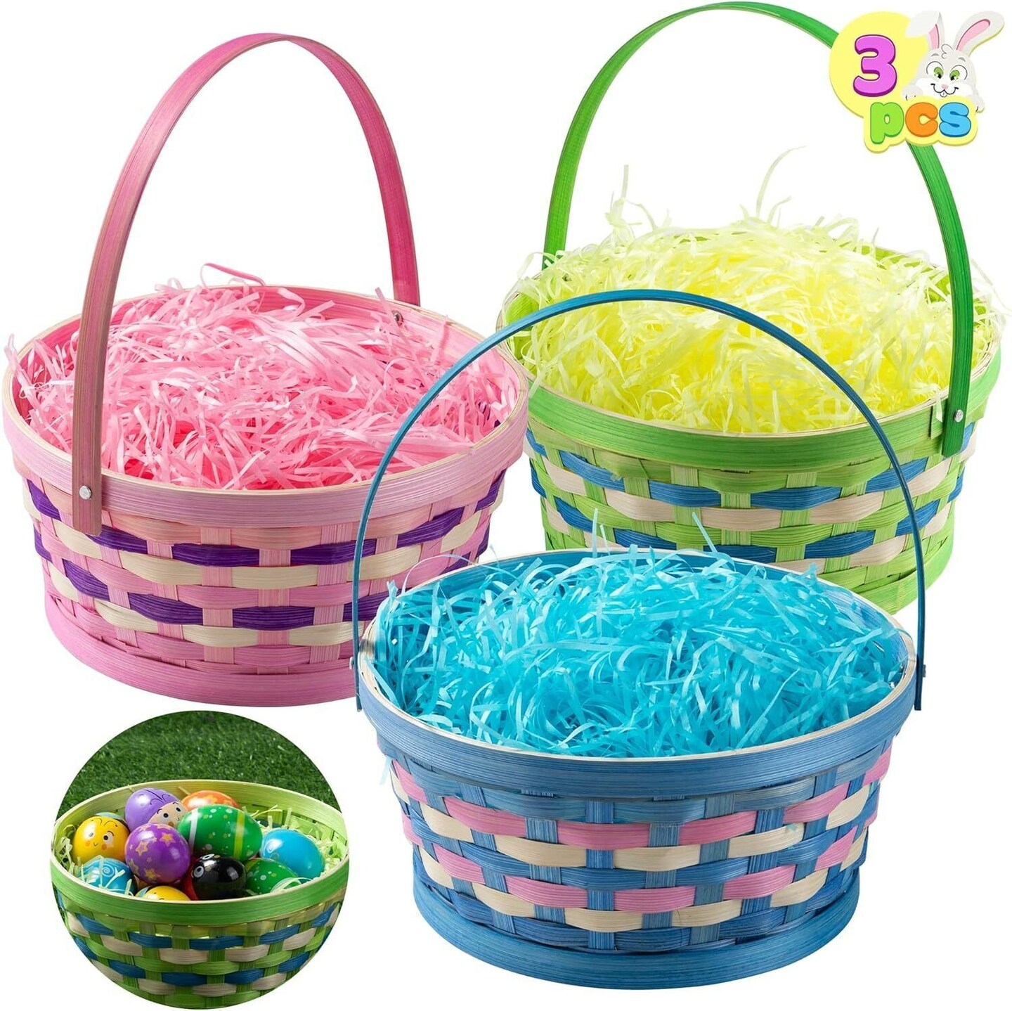 3 Pcs Easter Woven Bamboo Basket with Tricolor Grass Paper Shred