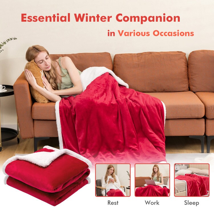 Electric Heated Blanket Throw Reversible Flannel and Sherpa Blanket