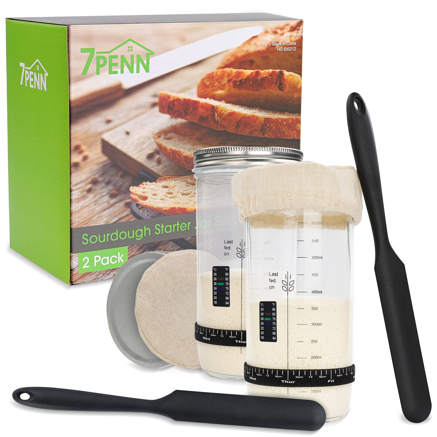 7Penn Sourdough Starter Kit - 2pk Glass Wide Mouth Jar for Yeast Bread Starter