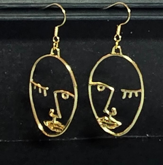 Abstract Face Earrings, Wire Picasso Dangle Earrings, Hollow