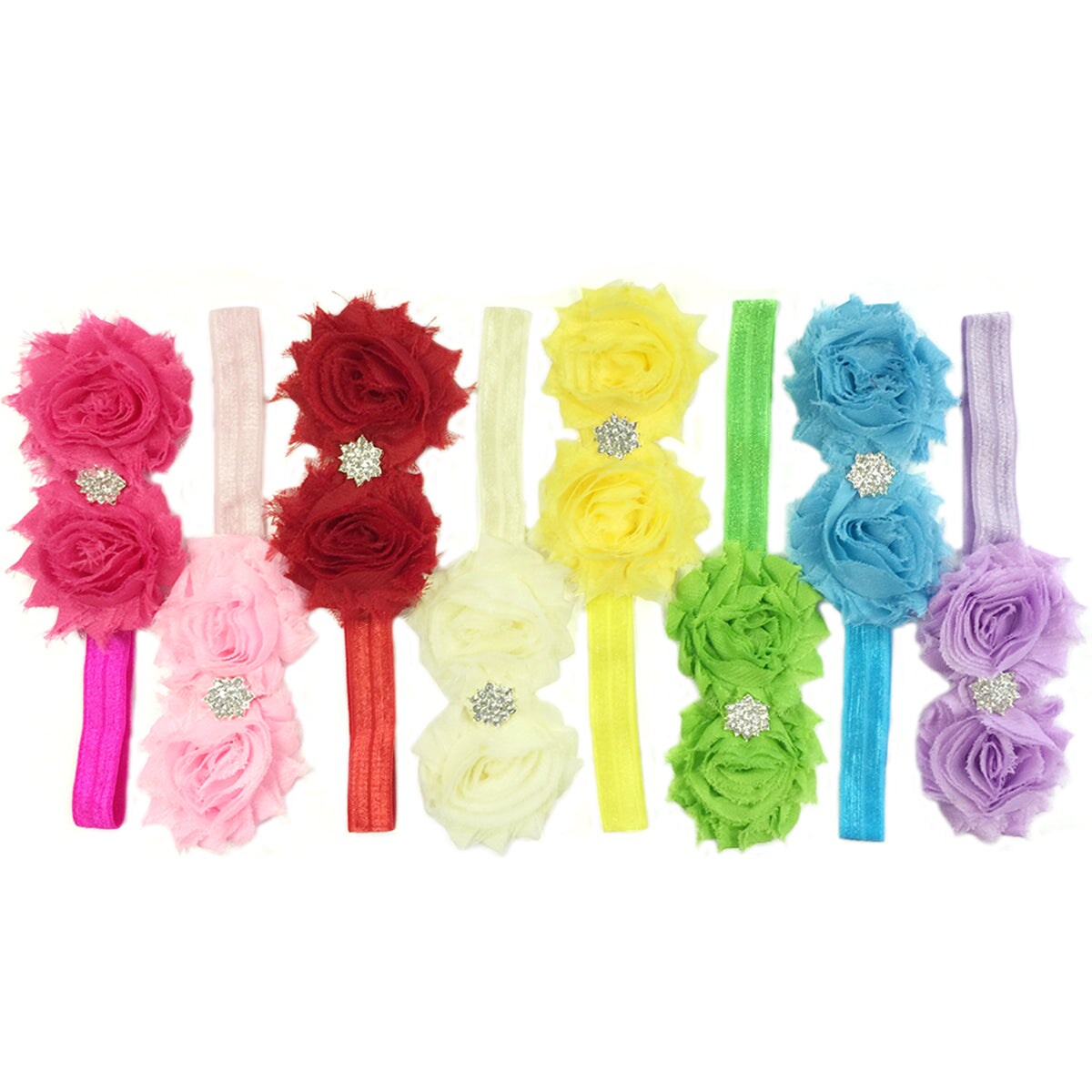 Wrapables Set of 8 Frayed Shabby Chic Double Rose Baby Headbands