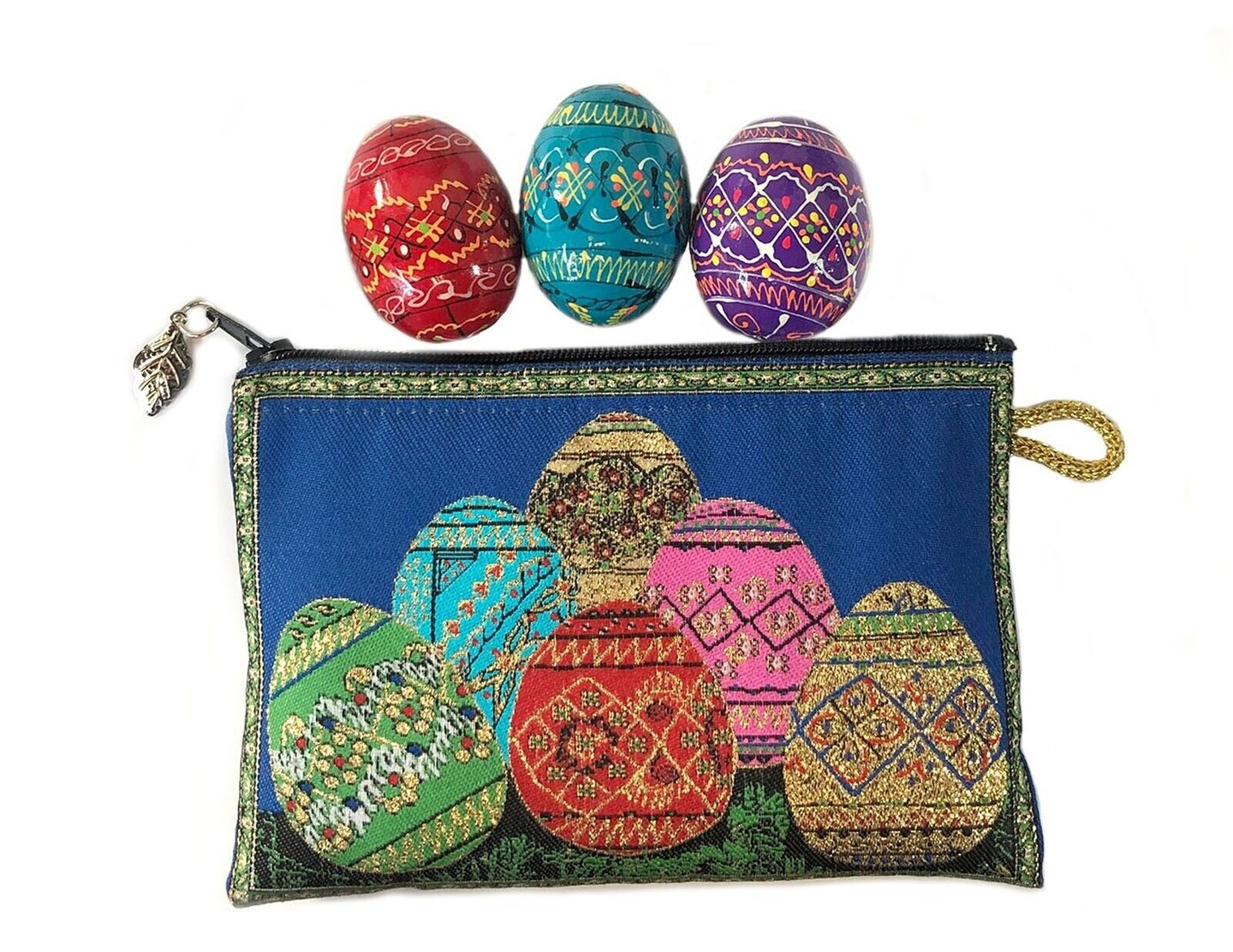 Pysanky Pysanki Wooden Ukrainian Hand Painted Easter Eggs - Set of 3 &#x26; Pouch
