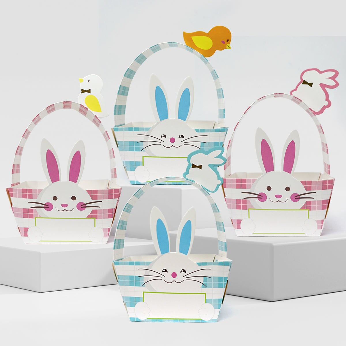 Wrapables Easter Gift Baskets with Handle, Treat Boxes for Eggs, Cookies and Candy, Set of 8, Bunny & Plaid