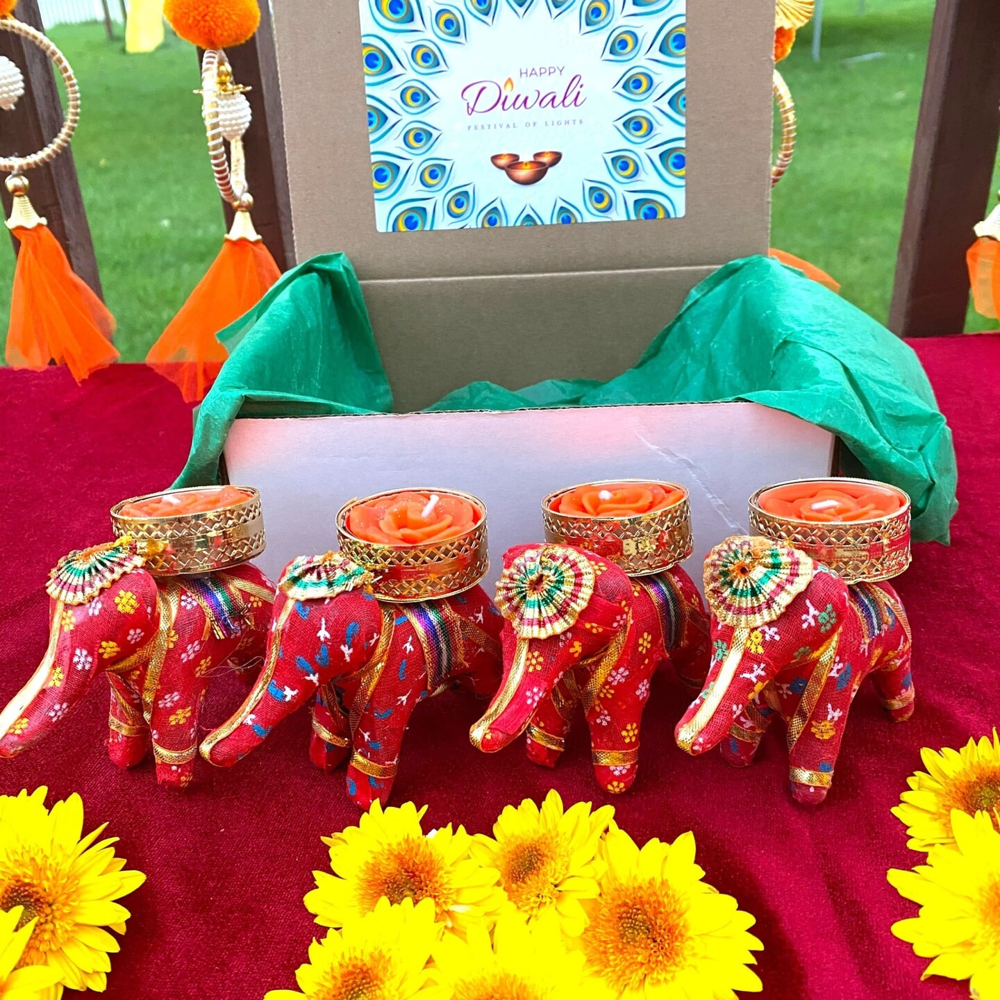 Personalized Diwali Gifts Hamper Set of 4 Elephant Tealight Candle Holder Diwali Custom Gifts Boxes Indian Festival Deepawali Hamper for Employees Home Office Friends Family - Return Gift