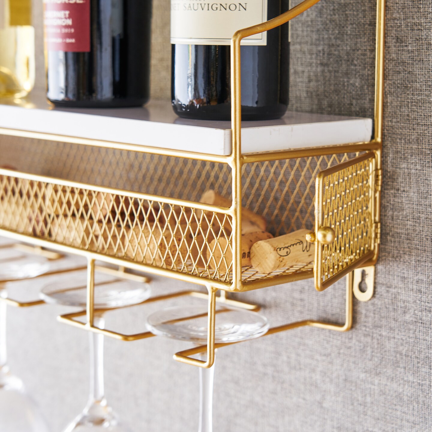 Gold Wall Mounted Wine Rack &#x26; Cork Storage