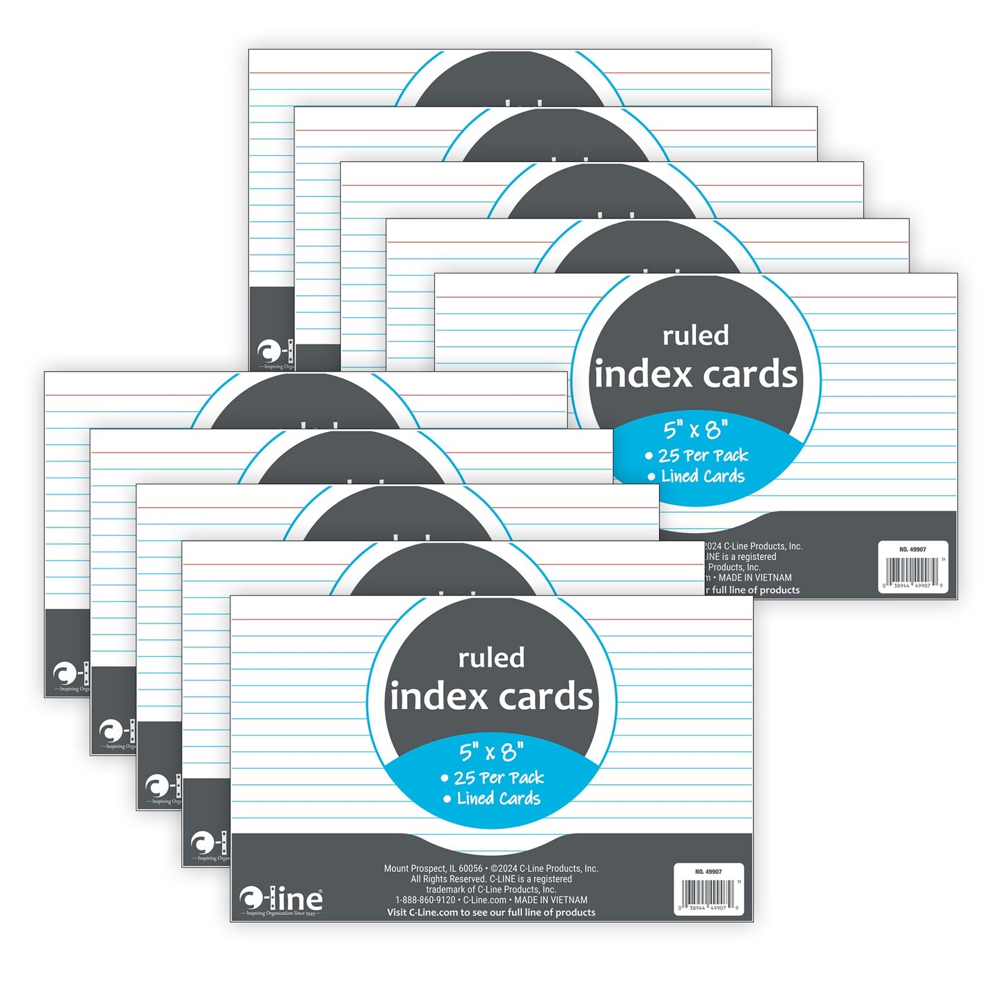 Index Cards, 5&#x22; x 8&#x22;, White, Ruled, 25 Per Pack, 10 Packs