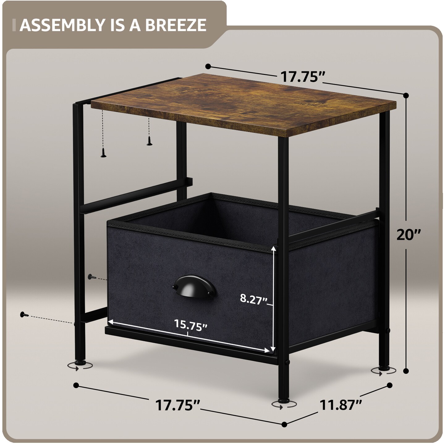 Sorbus Nightstand with 2 Drawers - Steel Frame, Wood Top & Easy Pull Fabric Bins - Great for Home, Bedroom, Office & College Dorm