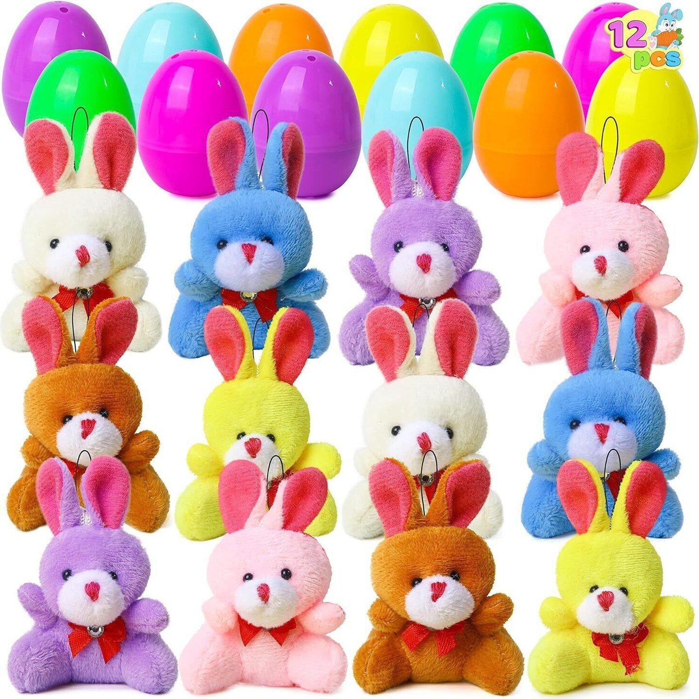 12 Pcs Filled Easter Eggs with Plush Bunny, Bright Colorful Bunnies for Kids