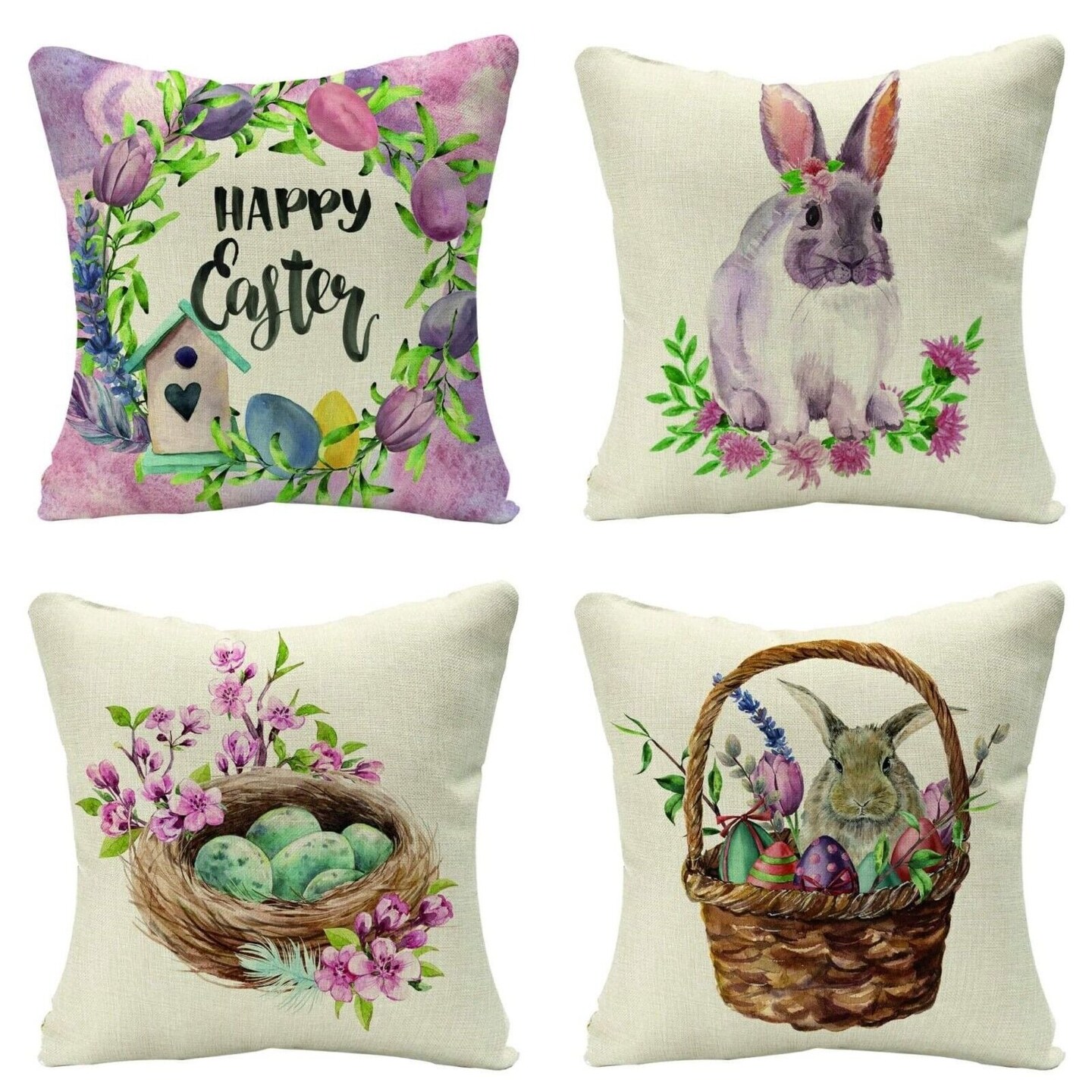 Easter Rabbit Linen Pillow Covers 18x18 Inch Set of 4 Easter Decorations gift
