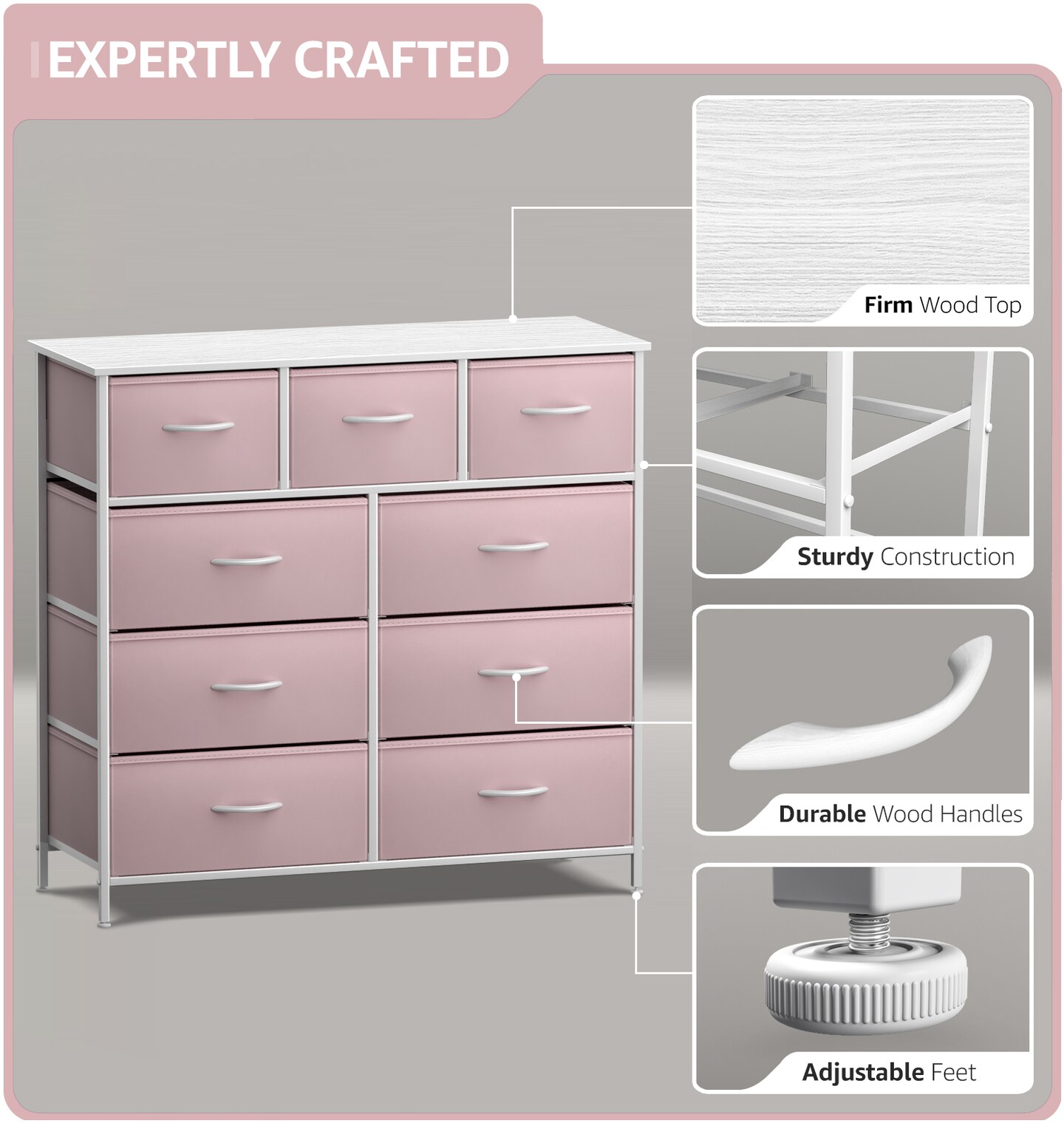 Sorbus Dresser with 9 Drawers - Furniture Storage Chest Tower Unit for Bedroom, Closet, etc - Steel Frame, Wood Top, Fabric Bins