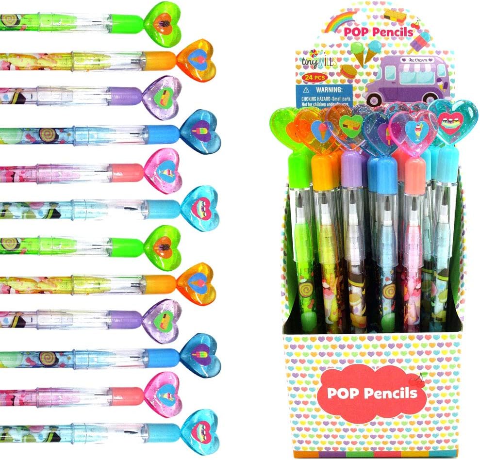 Tiny Mills 24 Pcs Ice Cream Multi Point Stackable Push Pencil Assortment with Eraser