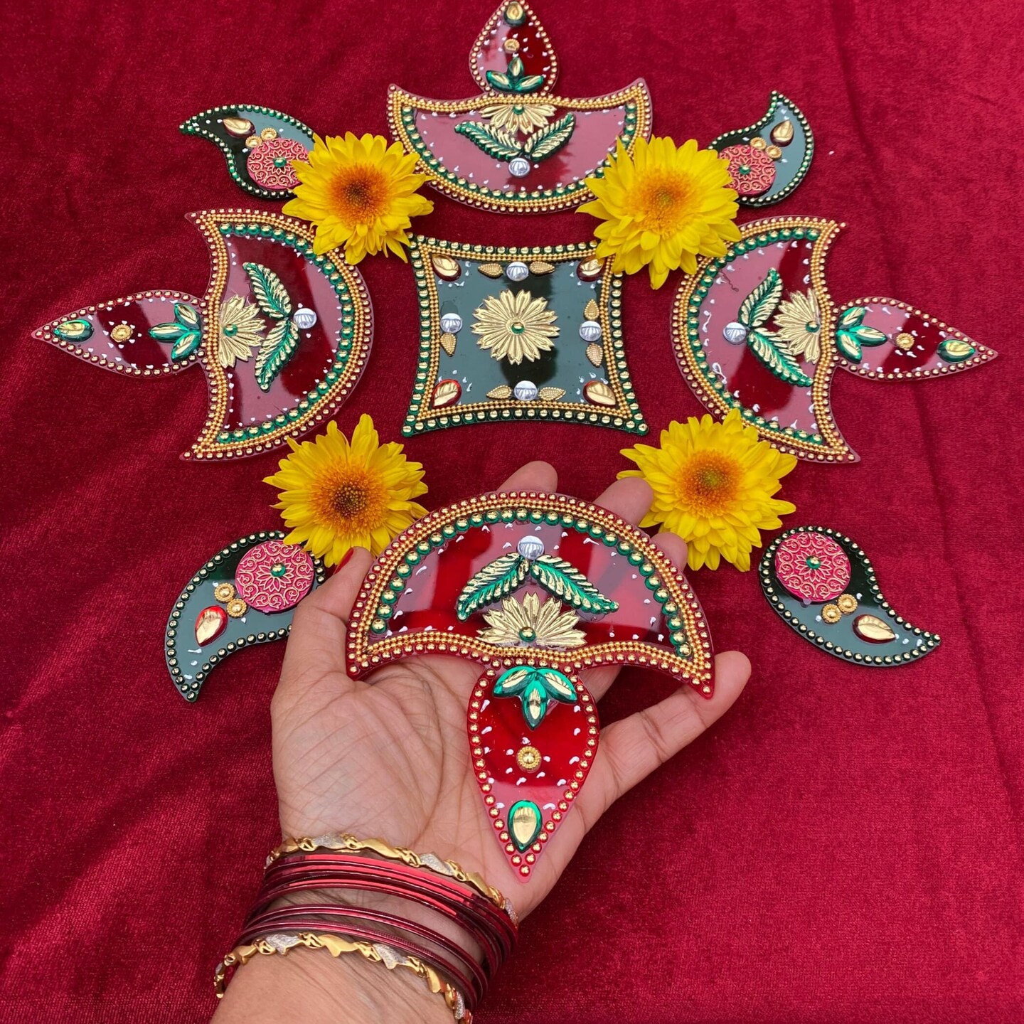 Acrylic Rangoli Set Indian Traditional Handmade Reusable Rangoli Diwali Navratri Home Temple Decor Floor Table Decoration - Deepawali Wedding Housewarming Gift Pack of 1 (12 Inches)