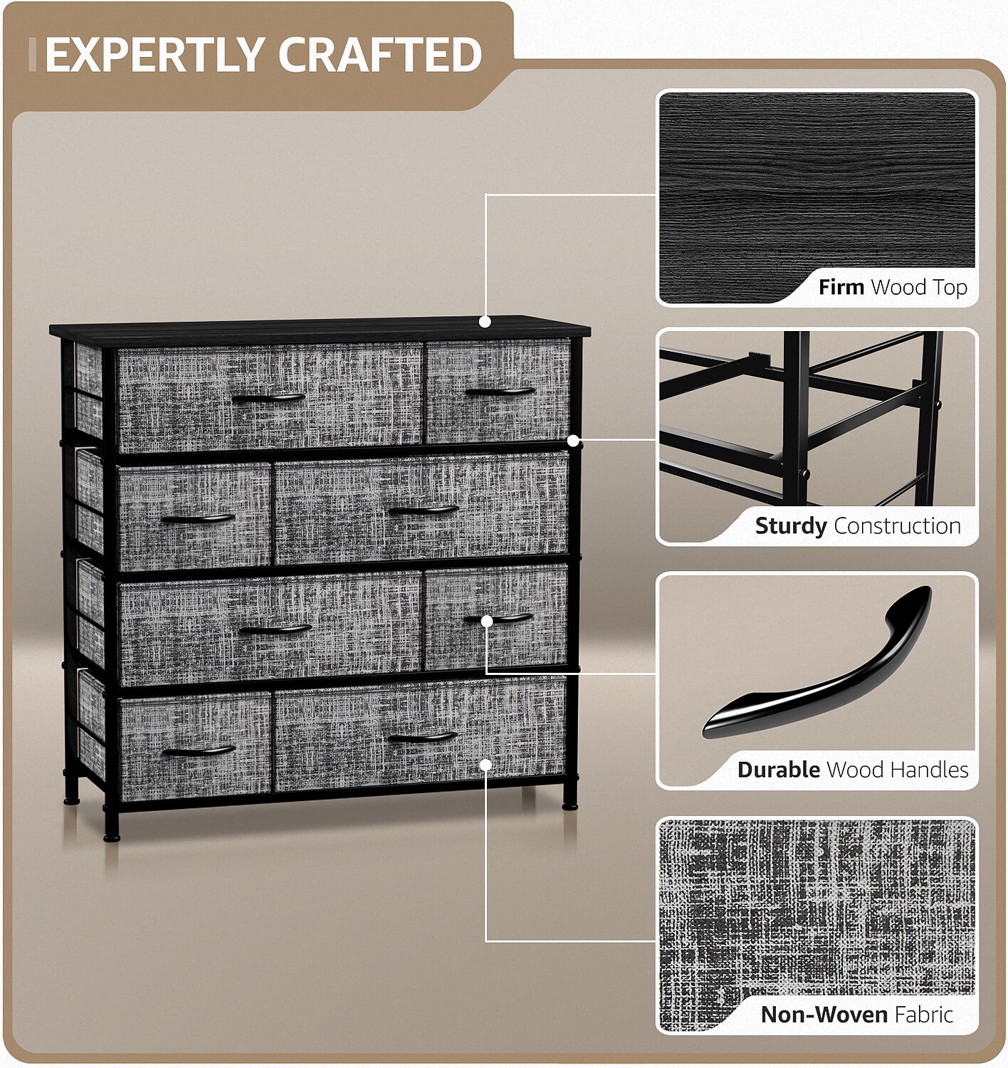 Sorbus Dresser with 8 Drawers - Storage Chest Organizer with Steel Frame, Wood Top, Handles, Fabric Bins