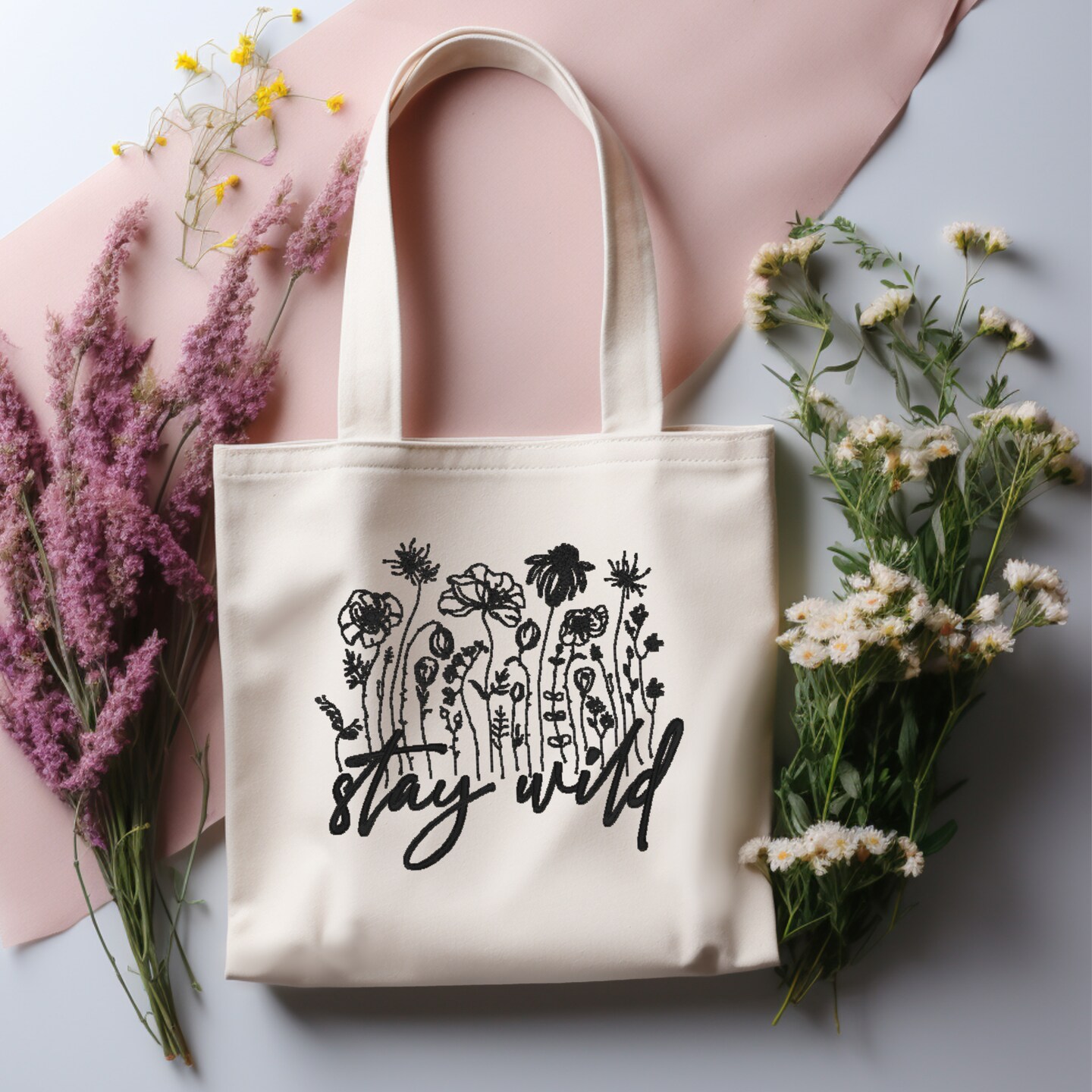 Personalized Embroidered Stay Wild Canvas Book Bag Reusable Grocery