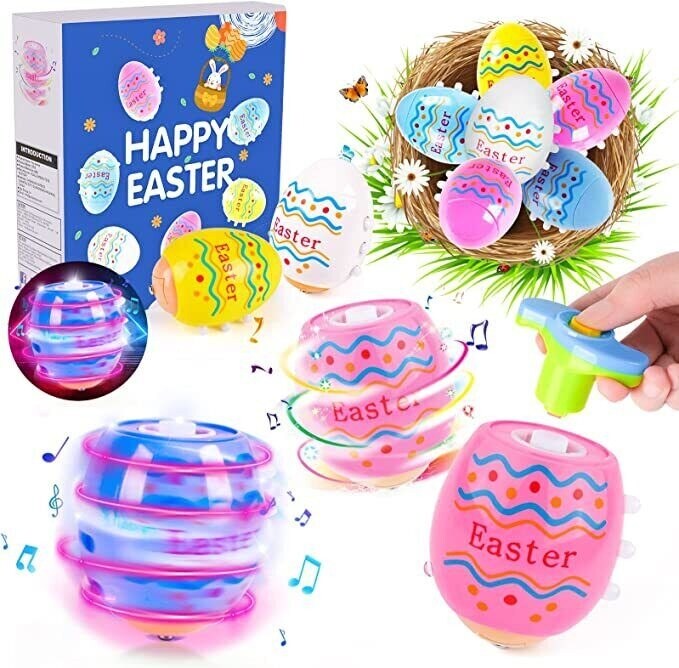 Easter Toys Eggs 6 Packs Spinning & Singing Light Up Toys for Kids Age 3+