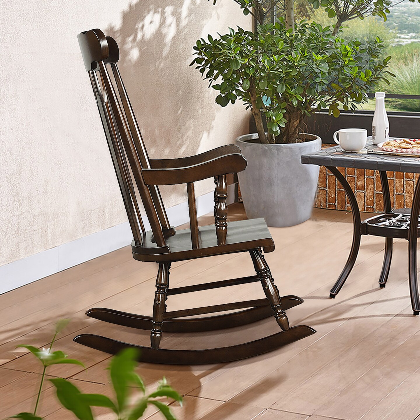 Costway Solid Wood Rocking Chair Porch Rocker Indoor Outdoor Seat Glossy Finish White\Coffee