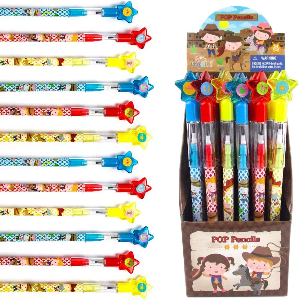 TINYMILLS 24 Pcs Western Cowboy Cowgirl Multi Point Stackable Pencil with Eraser