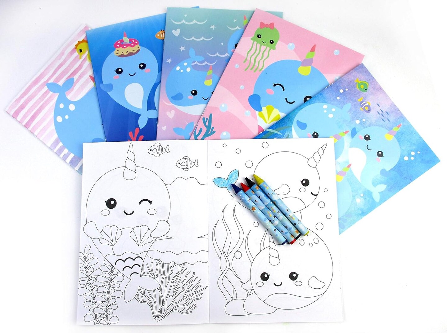 TINYMILLS Narwhals Coloring Book and Crayon Set for Kids Party Favors with 12 Coloring Books and 48 Crayons